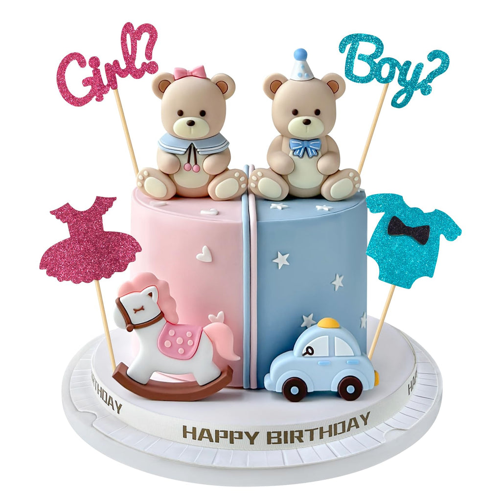 Zafena 8-Piece Gender Reveal Cake Topper Set with Bear, Train, and Rocking Horse Decorations