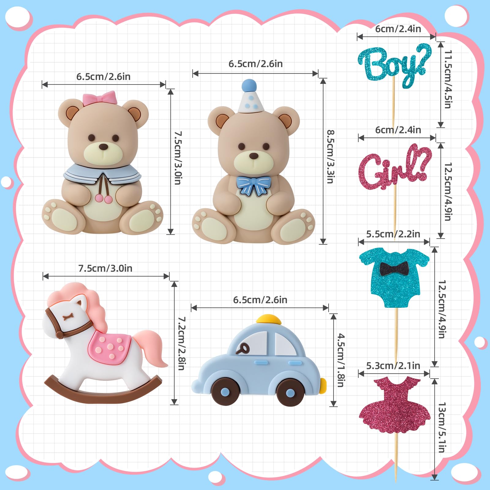Zafena 8-Piece Gender Reveal Cake Topper Set with Bear, Train, and Rocking Horse Decorations