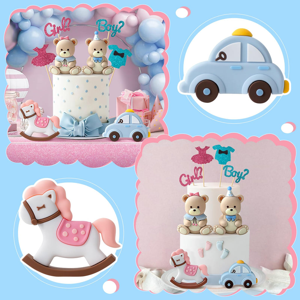 Zafena 8-Piece Gender Reveal Cake Topper Set with Bear, Train, and Rocking Horse Decorations