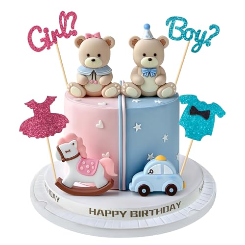 Zafena 8-Piece Gender Reveal Cake Topper Set with Bear, Train, and Rocking Horse Decorations