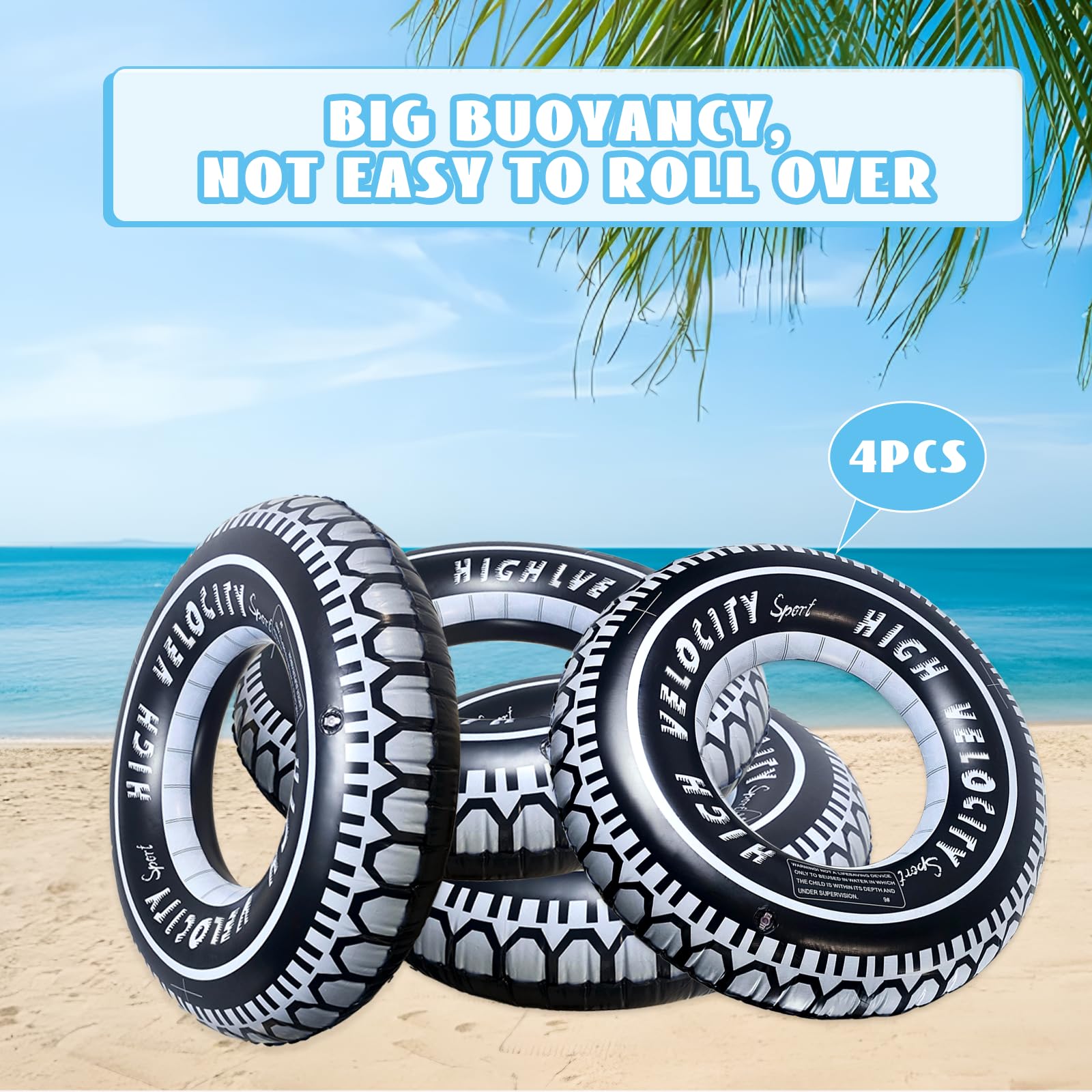 Zaruatu Inflatable Tire Pool Float - 4 Pack Giant 24-Inch Tubes for Adults, Summer Pool Fun