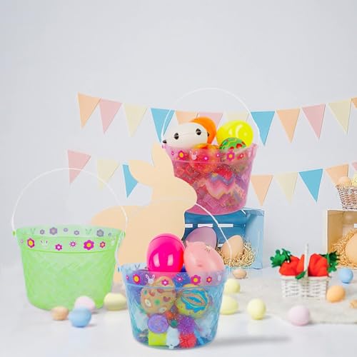 Zcaukya 3-Pack Clear Plastic Easter Buckets with Handles – Green, Blue, Pink for Egg Hunts