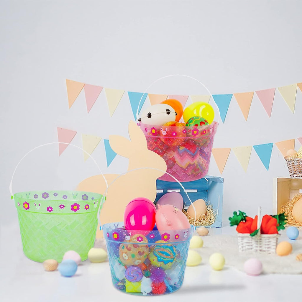 Zcaukya 3-Pack Clear Plastic Easter Buckets with Handles – Green, Blue, Pink for Egg Hunts