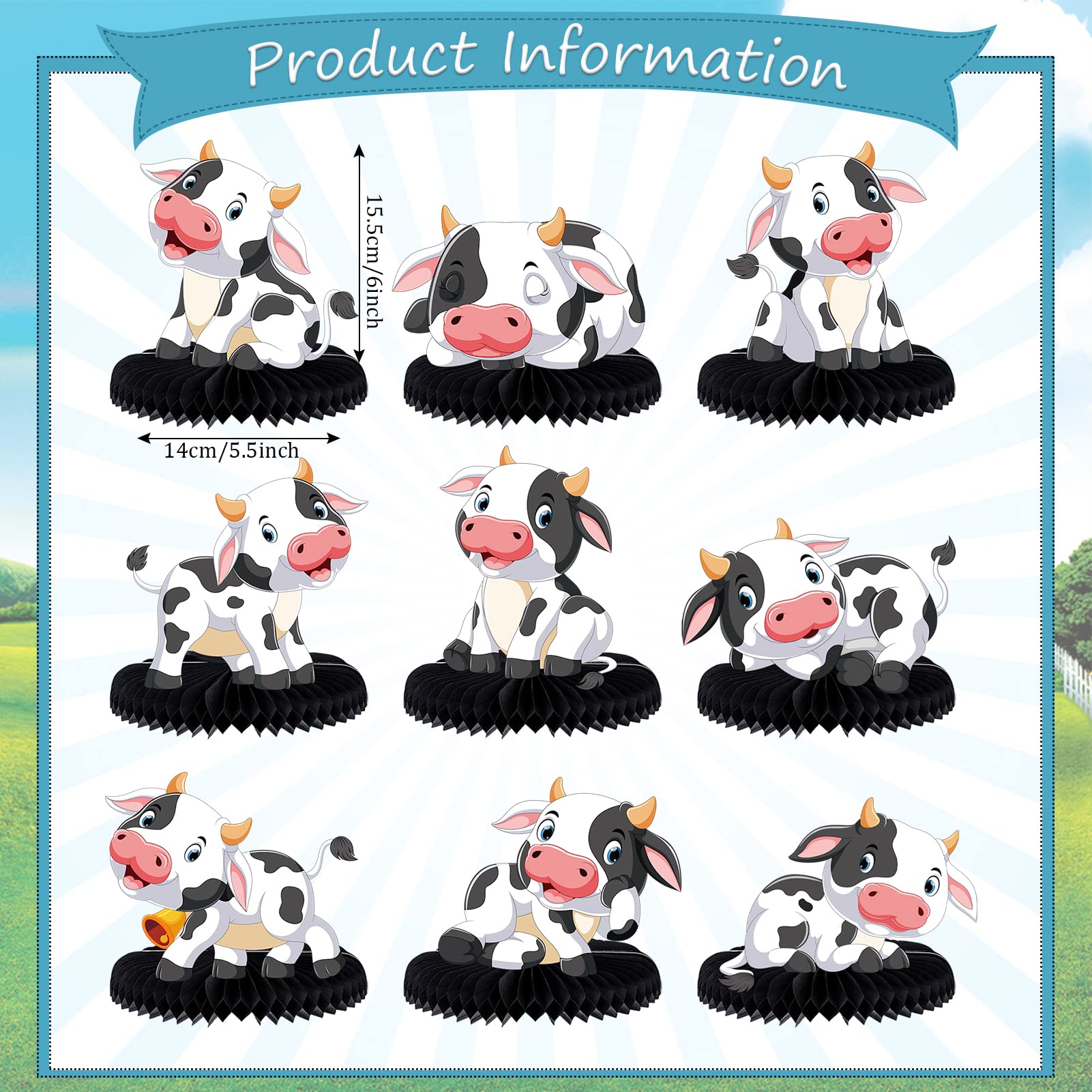 ZCPTZ 9-Piece Cow Honeycomb Centerpieces Set - Farm Animal Table Decorations for Party