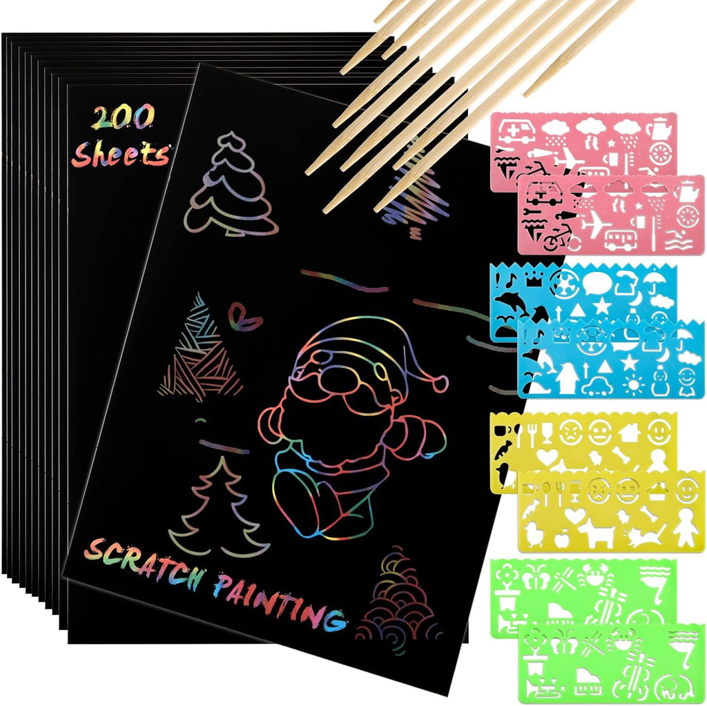 ZEAYEA 200-Piece Scratch Art Paper Set – 200 Sheets, 10 Styluses, 8 Stencils – Safe & Fun for Kids Ages 3+