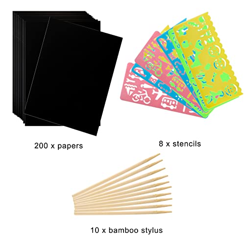 ZEAYEA 200-Piece Scratch Art Paper Set – 200 Sheets, 10 Styluses, 8 Stencils – Safe & Fun for Kids Ages 3+