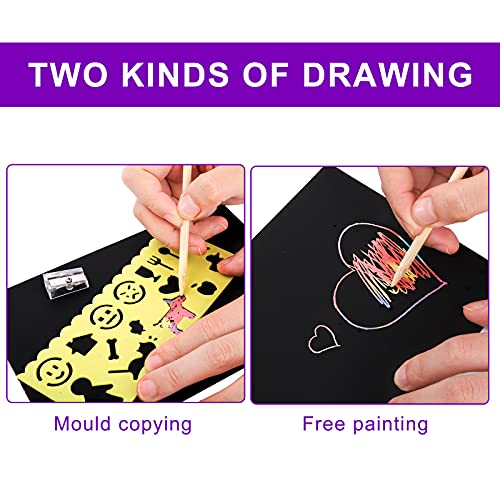 ZEAYEA 200-Piece Scratch Art Paper Set – 200 Sheets, 10 Styluses, 8 Stencils – Safe & Fun for Kids Ages 3+