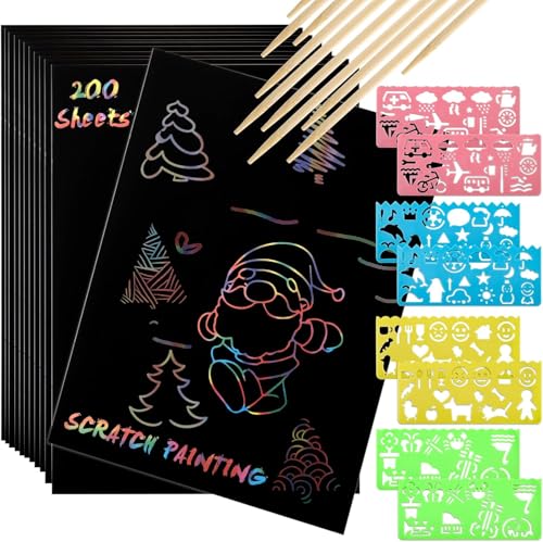 ZEAYEA 200-Piece Scratch Art Paper Set – 200 Sheets, 10 Styluses, 8 Stencils – Safe & Fun for Kids Ages 3+