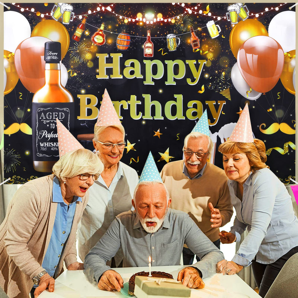 ZELARO Whiskey Birthday Banner - Aged to Perfection Backdrop for Men's Party, 70.8x43.3 Inch Polyester