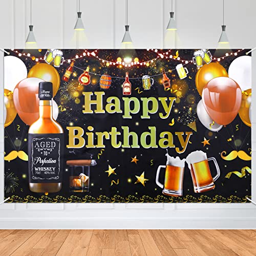 ZELARO Whiskey Birthday Banner - Aged to Perfection Backdrop for Men's Party, 70.8x43.3 Inch Polyester