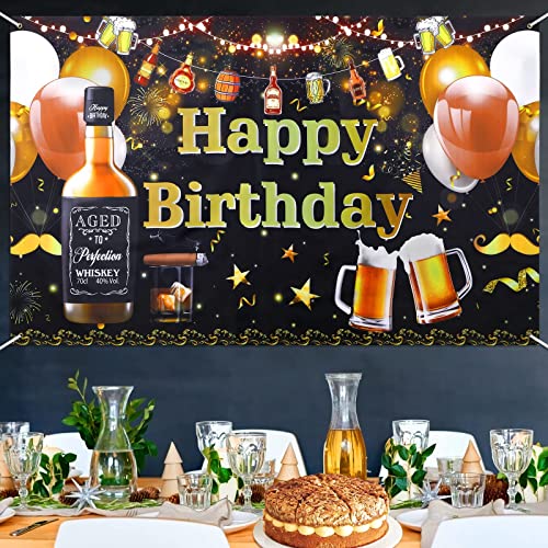 ZELARO Whiskey Birthday Banner - Aged to Perfection Backdrop for Men's Party, 70.8x43.3 Inch Polyester
