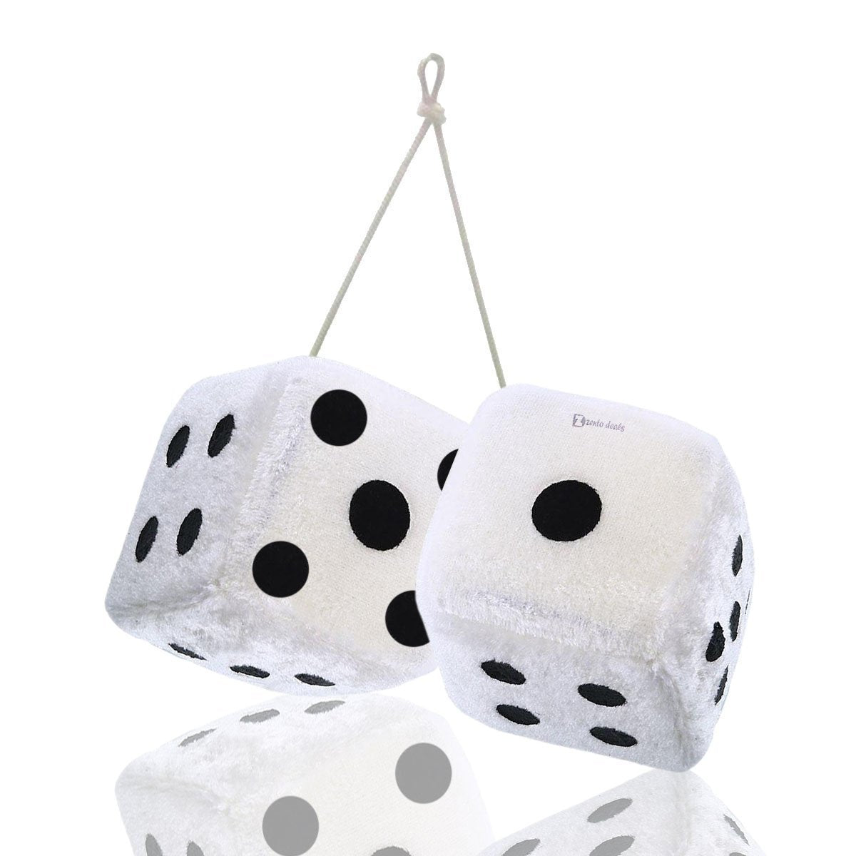 Zento Deals Hanging White Fuzzy Dice with Black Dots - Pair of Retro Plush Car Dice