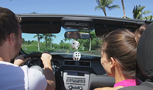 Zento Deals Hanging White Fuzzy Dice with Black Dots - Pair of Retro Plush Car Dice