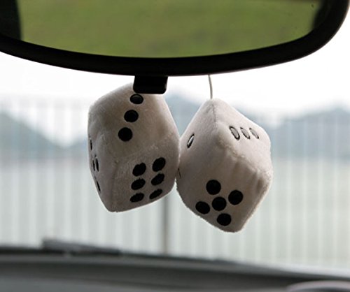 Zento Deals Hanging White Fuzzy Dice with Black Dots - Pair of Retro Plush Car Dice