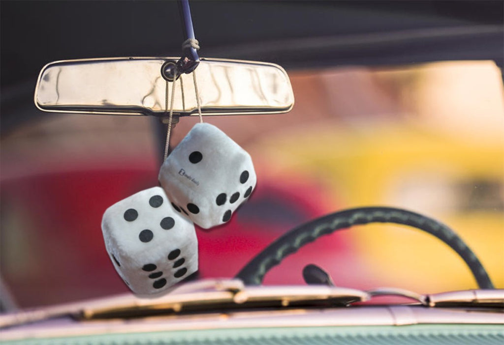 Zento Deals Hanging White Fuzzy Dice with Black Dots - Pair of Retro Plush Car Dice