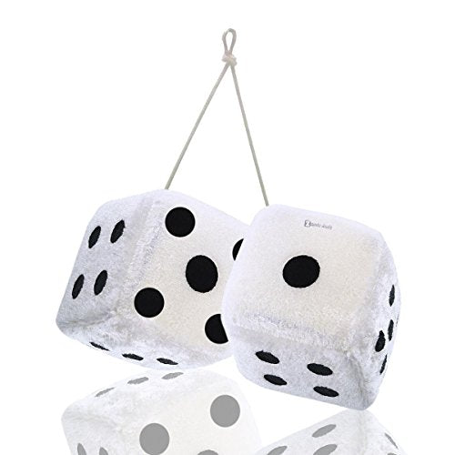Zento Deals Hanging White Fuzzy Dice with Black Dots - Pair of Retro Plush Car Dice