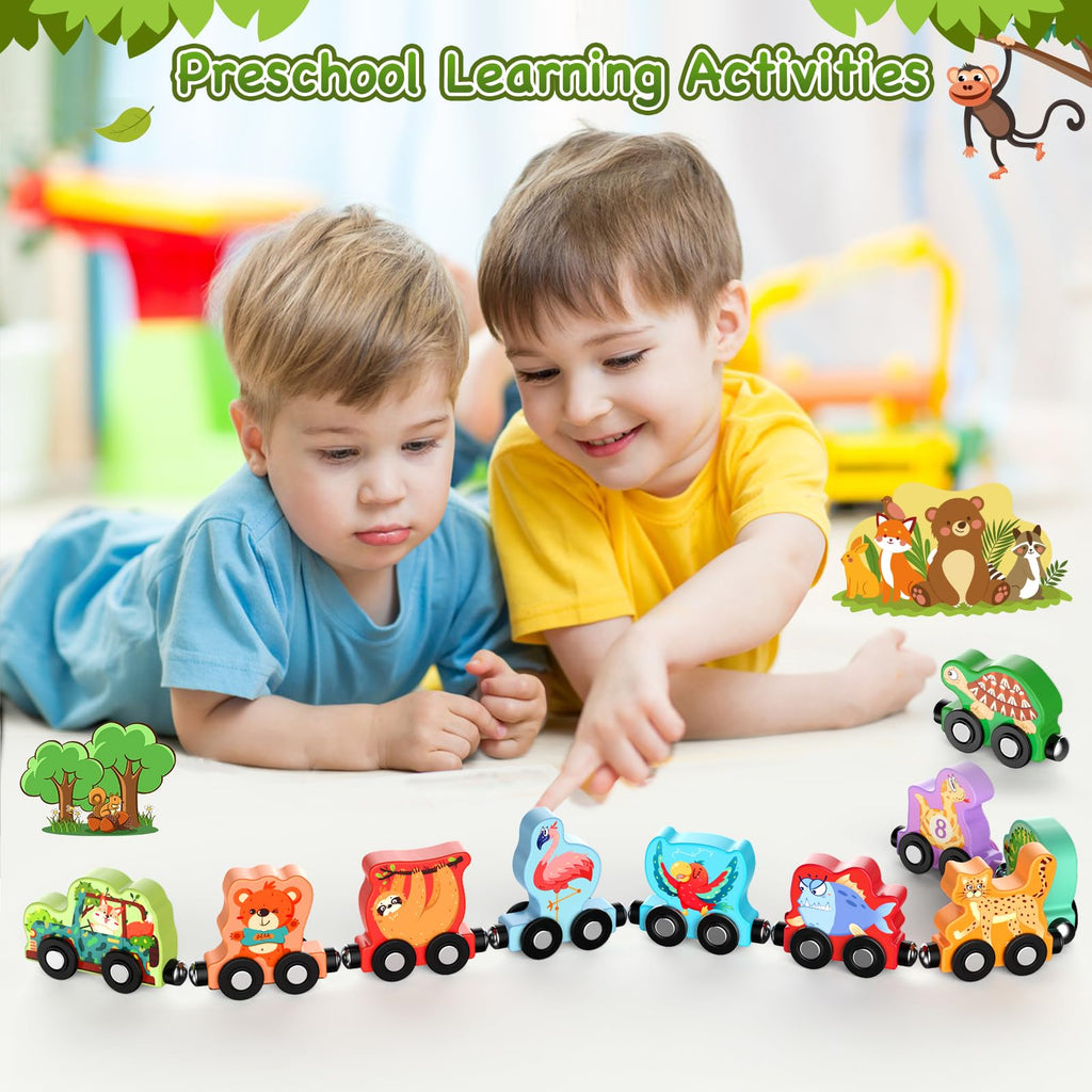 Zeoddler 11-Piece Magnetic Wooden Animal Train Set – Montessori Numbers & Animals for Toddlers