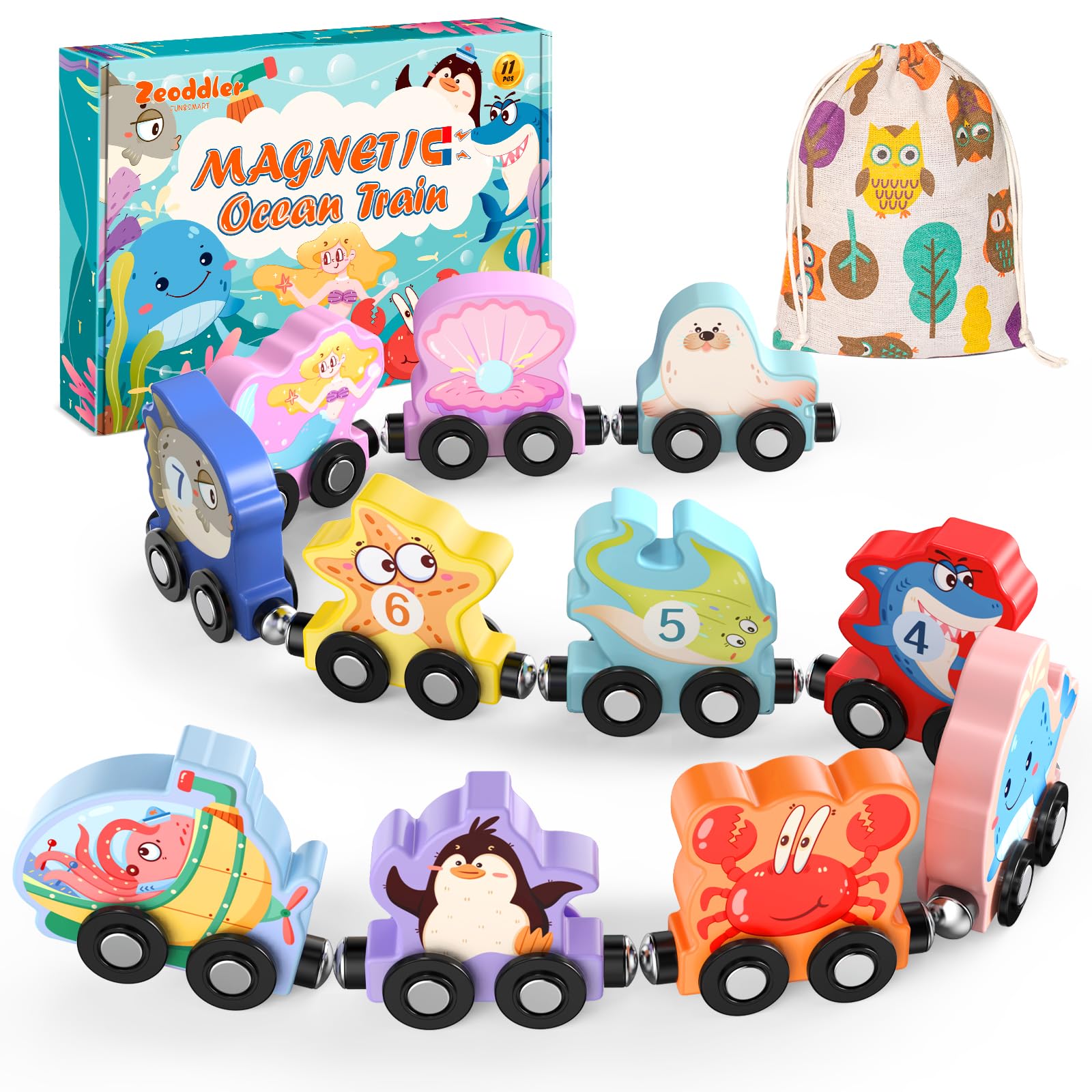 Zeoddler 11-Piece Magnetic Wooden Sea Animal Train Set for Toddlers – Montessori Educational Toy with Numbers 0-10