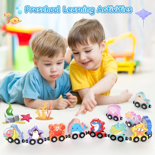 Zeoddler 11-Piece Magnetic Wooden Sea Animal Train Set for Toddlers – Montessori Educational Toy with Numbers 0-10