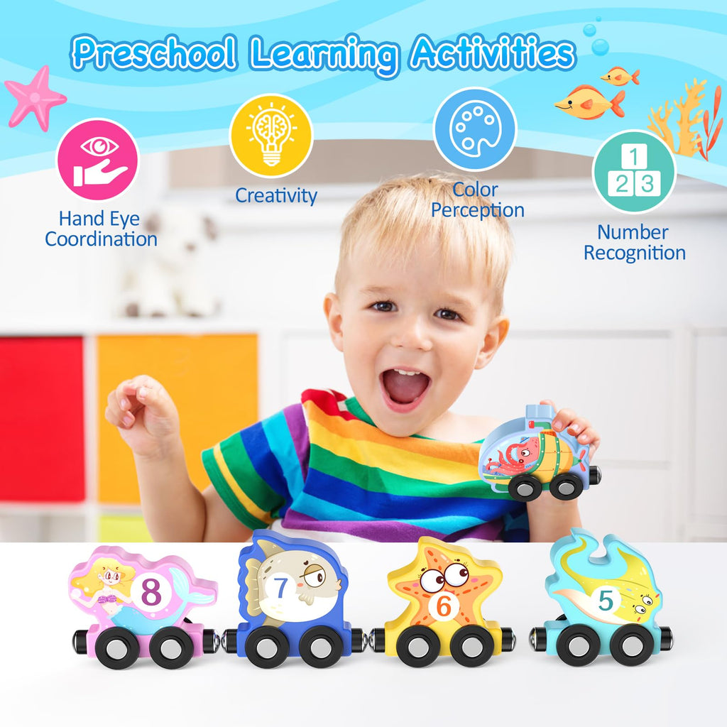 Zeoddler 11-Piece Magnetic Wooden Sea Animal Train Set for Toddlers – Montessori Educational Toy with Numbers 0-10
