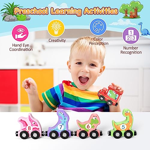 Zeoddler Magnetic Wooden Dinosaur Train Set – 11 Pieces with Numbers 0-10, Storage Bag, Montessori Toy for Toddlers