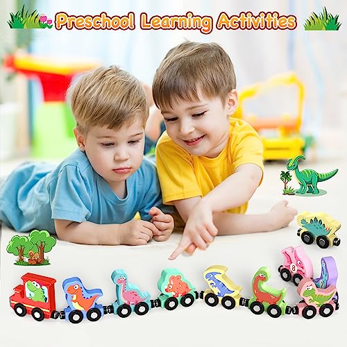 Zeoddler Magnetic Wooden Dinosaur Train Set – 11 Pieces with Numbers 0-10, Storage Bag, Montessori Toy for Toddlers