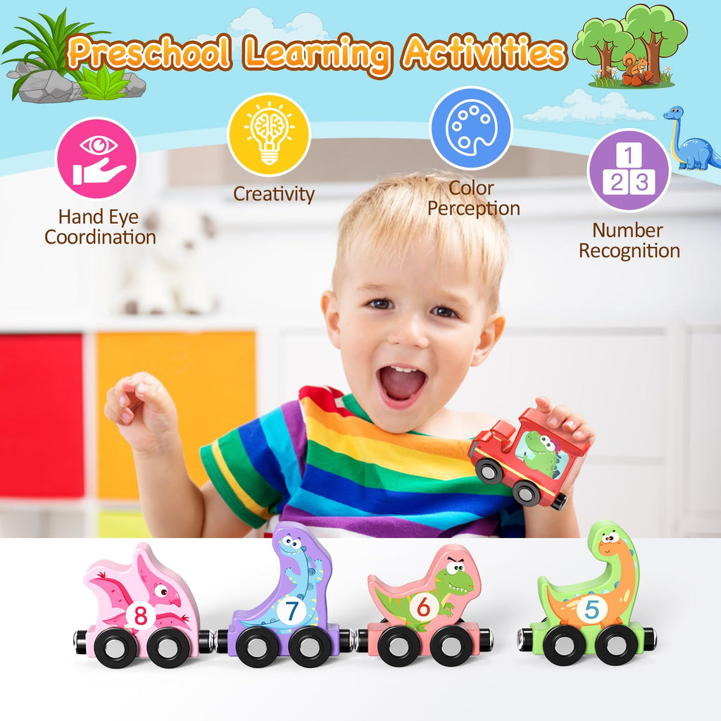 Zeoddler Magnetic Wooden Dinosaur Train Set – 11 Pieces with Numbers 0-10, Storage Bag, Montessori Toy for Toddlers