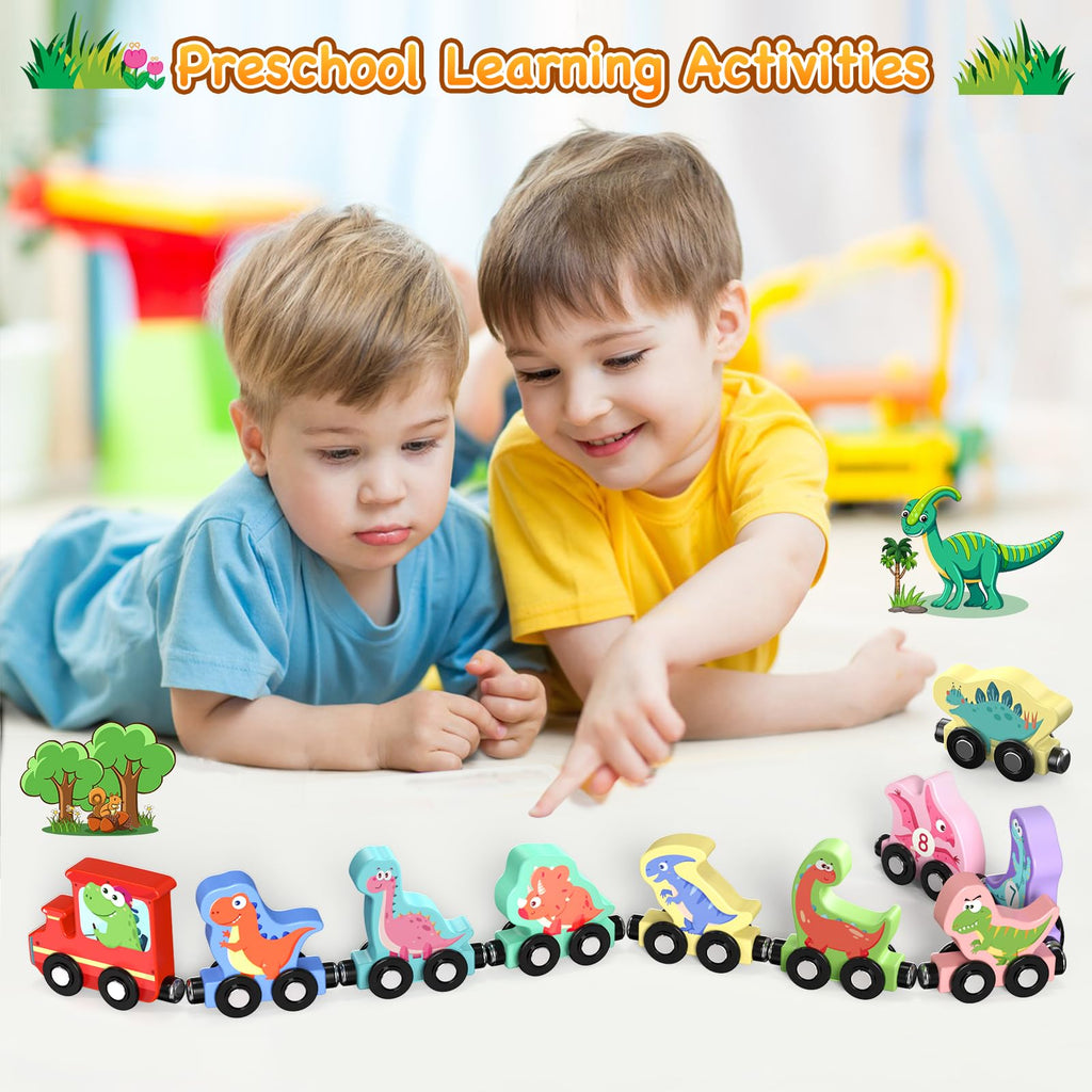 Zeoddler Magnetic Wooden Dinosaur Train Set – 11 Pieces with Numbers 0-10, Storage Bag, Montessori Toy for Toddlers