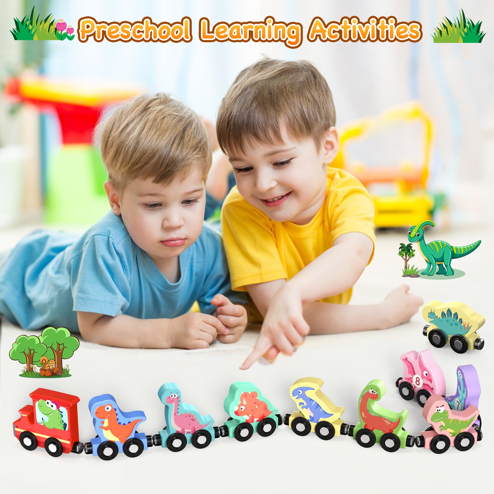 Zeoddler Magnetic Wooden Dinosaur Train Set – 11 Pieces with Numbers 0-10, Storage Bag, Montessori Toy for Toddlers
