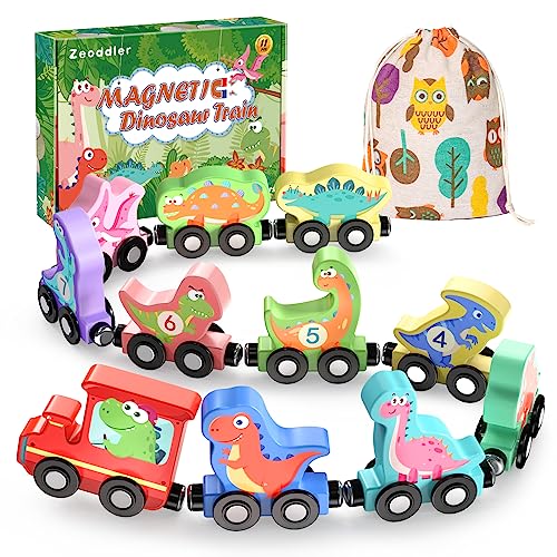 Zeoddler Magnetic Wooden Dinosaur Train Set – 11 Pieces with Numbers 0-10, Storage Bag, Montessori Toy for Toddlers