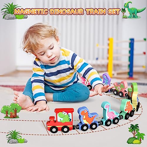 Zeoddler Magnetic Wooden Dinosaur Train Set – 11 Pieces with Numbers 0-10, Storage Bag, Montessori Toy for Toddlers