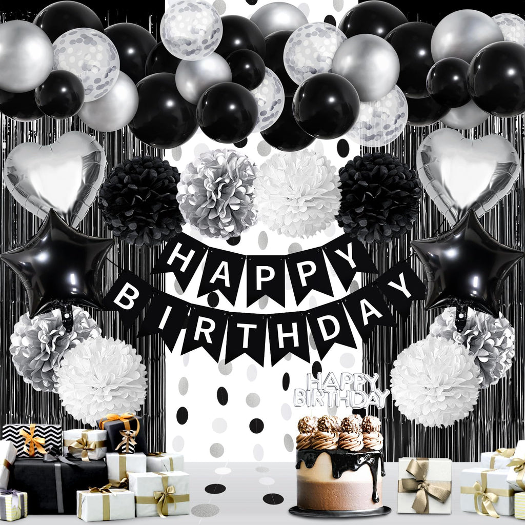 ZERODECO Black White Birthday Party Decorations Kit - Banner, Pompoms, Balloons, Arch Strip, Fringe Curtains
