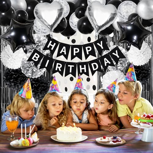 ZERODECO Black White Birthday Party Decorations Kit - Banner, Pompoms, Balloons, Arch Strip, Fringe Curtains