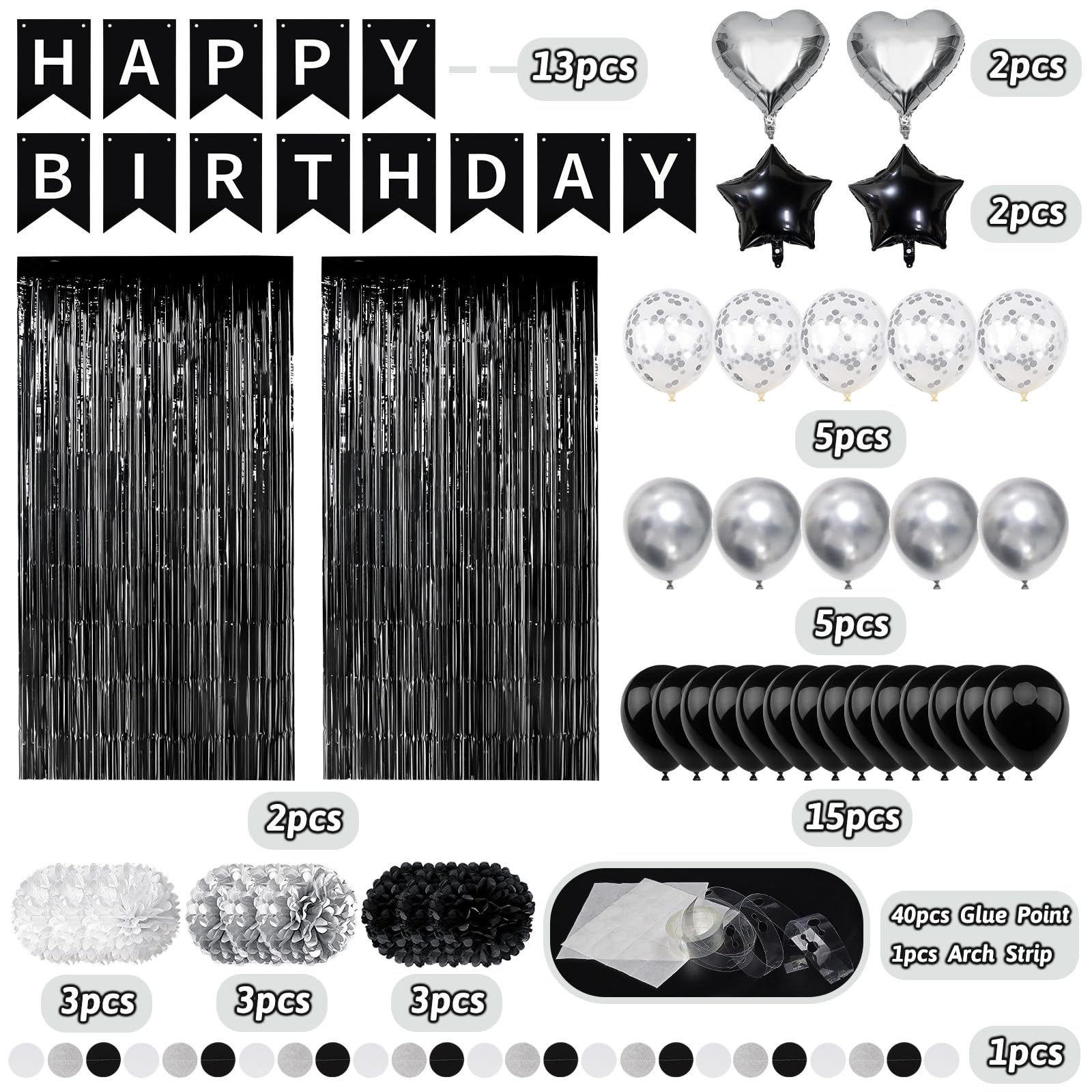 ZERODECO Black White Birthday Party Decorations Kit - Banner, Pompoms, Balloons, Arch Strip, Fringe Curtains