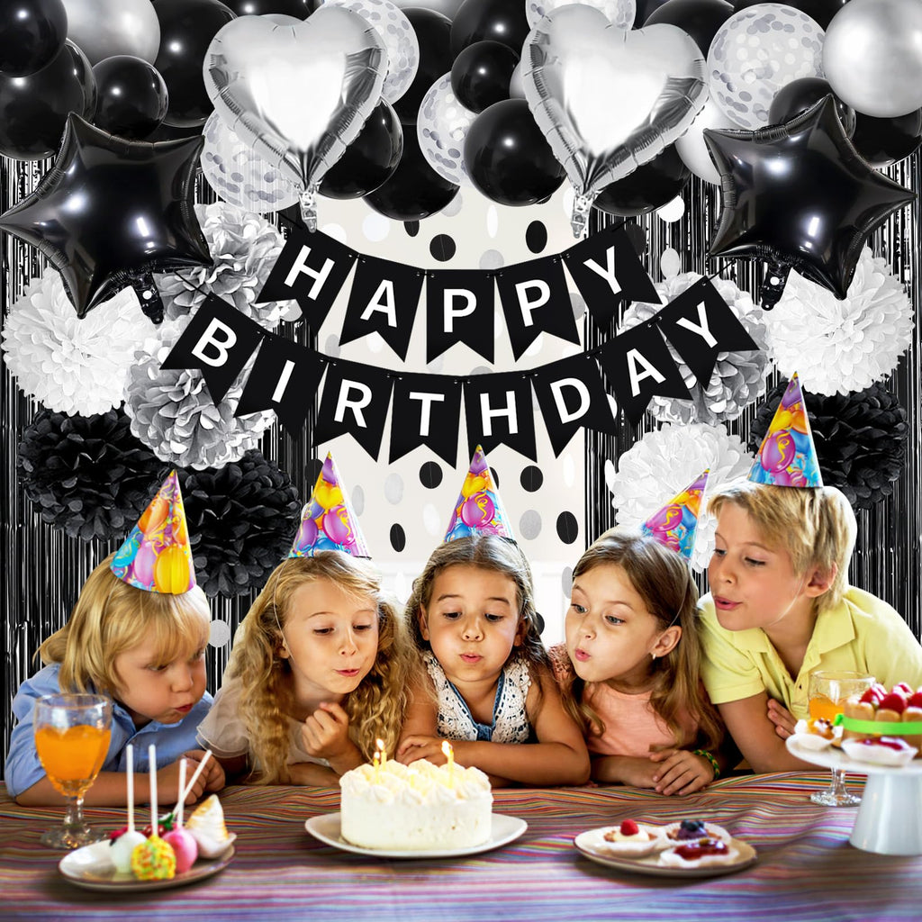 ZERODECO Black White Birthday Party Decorations Kit - Banner, Pompoms, Balloons, Arch Strip, Fringe Curtains