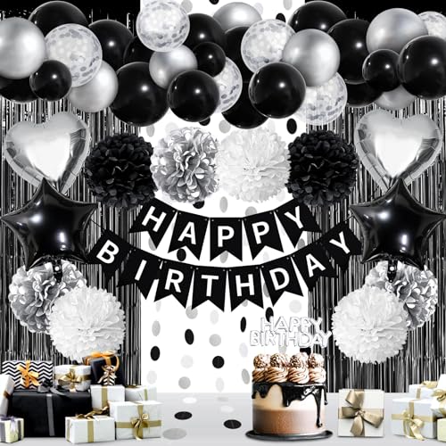 ZERODECO Black White Birthday Party Decorations Kit - Banner, Pompoms, Balloons, Arch Strip, Fringe Curtains