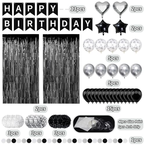 ZERODECO Black White Birthday Party Decorations Kit - Banner, Pompoms, Balloons, Arch Strip, Fringe Curtains