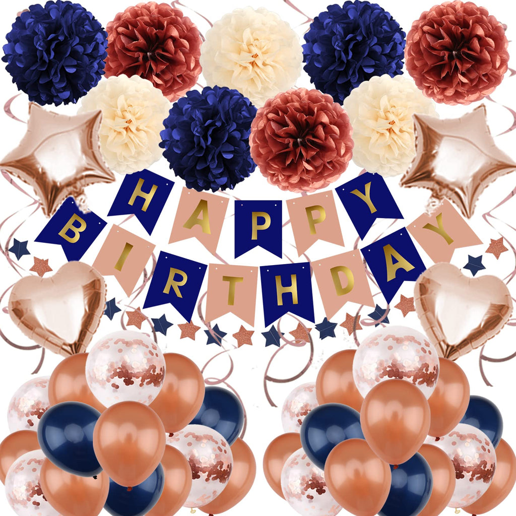 ZERODECO Navy Blue & Rose Gold Birthday Party Decorations Kit – Banner, Pompoms, Balloons for Any Age