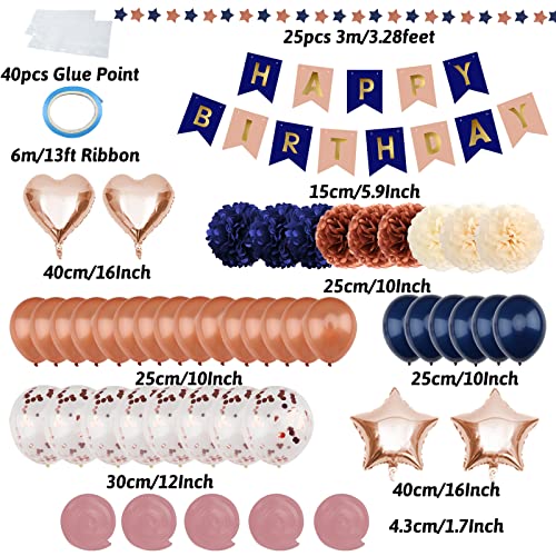 ZERODECO Navy Blue & Rose Gold Birthday Party Decorations Kit – Banner, Pompoms, Balloons for Any Age
