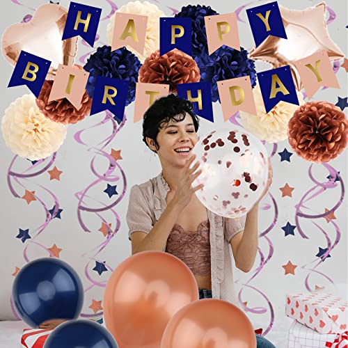 ZERODECO Navy Blue & Rose Gold Birthday Party Decorations Kit – Banner, Pompoms, Balloons for Any Age