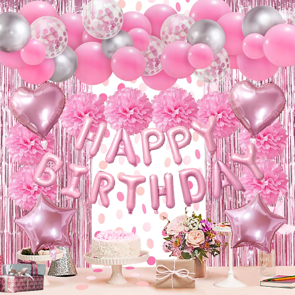 ZERODECO Pink Birthday Party Decoration Kit - 45 Pieces Including Banner, Balloons, Pompoms, and Fringe Curtain