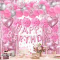 ZERODECO Pink Birthday Party Decoration Kit - 45 Pieces Including Banner, Balloons, Pompoms, and Fringe Curtain