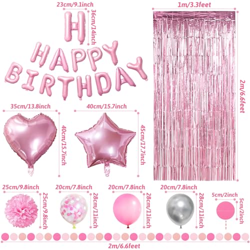 ZERODECO Pink Birthday Party Decoration Kit - 45 Pieces Including Banner, Balloons, Pompoms, and Fringe Curtain