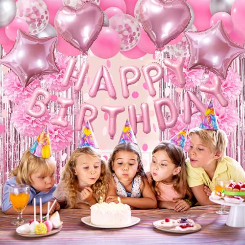 ZERODECO Pink Birthday Party Decoration Kit - 45 Pieces Including Banner, Balloons, Pompoms, and Fringe Curtain