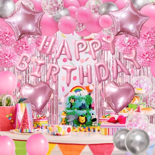 ZERODECO Pink Birthday Party Decoration Kit - 45 Pieces Including Banner, Balloons, Pompoms, and Fringe Curtain