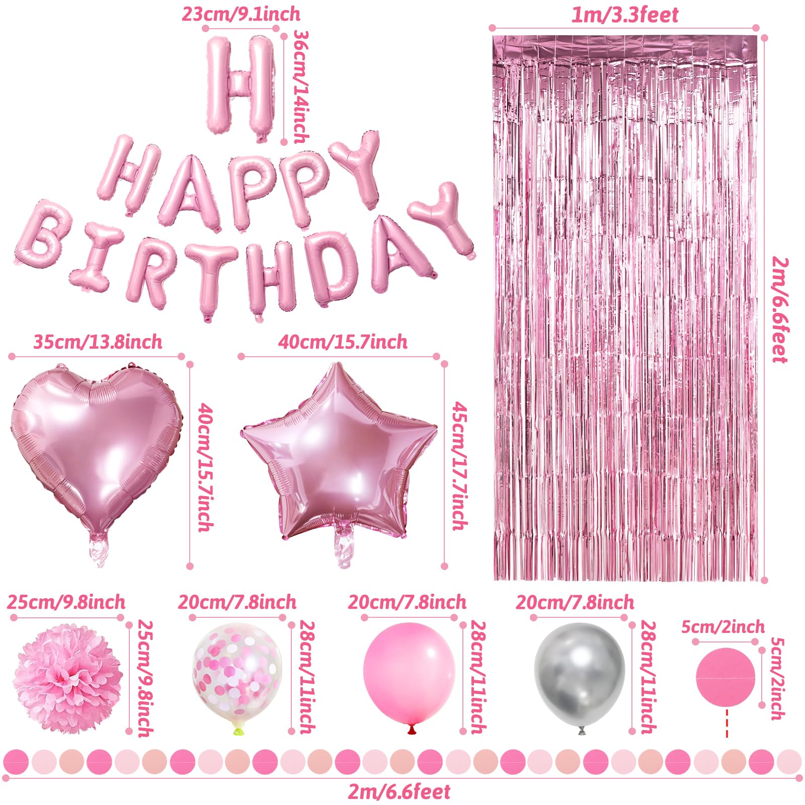 ZERODECO Pink Birthday Party Decoration Kit - 45 Pieces Including Banner, Balloons, Pompoms, and Fringe Curtain