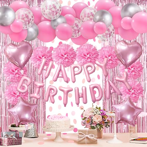 ZERODECO Pink Birthday Party Decoration Kit - 45 Pieces Including Banner, Balloons, Pompoms, and Fringe Curtain