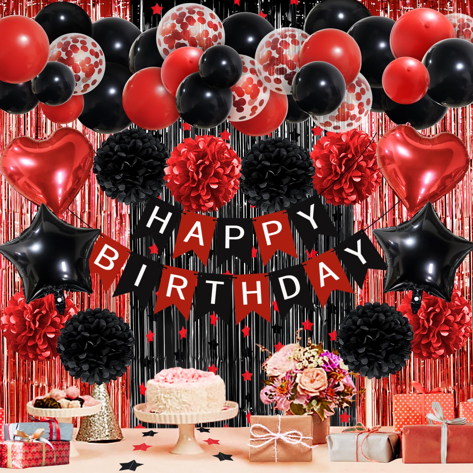 ZERODECO Red Black Birthday Party Decorations Kit – 45 Pieces with Banner, Balloons, Arch Strip, and Fringe Curtains