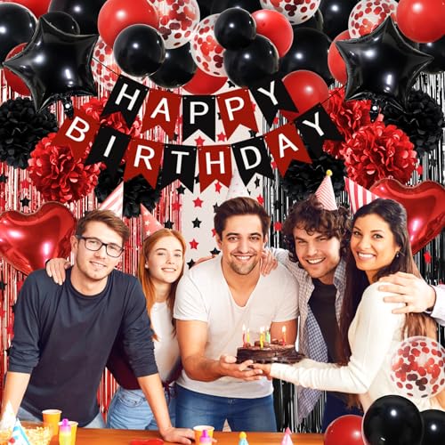 ZERODECO Red Black Birthday Party Decorations Kit – 45 Pieces with Banner, Balloons, Arch Strip, and Fringe Curtains
