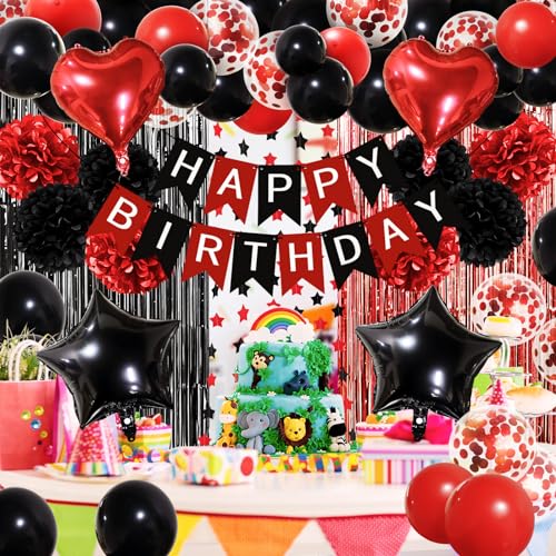 ZERODECO Red Black Birthday Party Decorations Kit – 45 Pieces with Banner, Balloons, Arch Strip, and Fringe Curtains